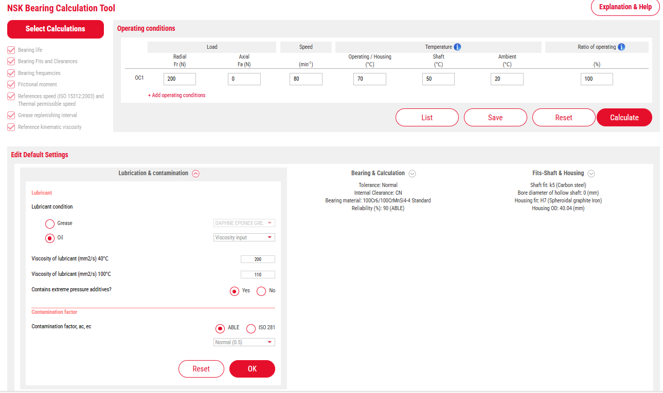 Calculation conditions input screen