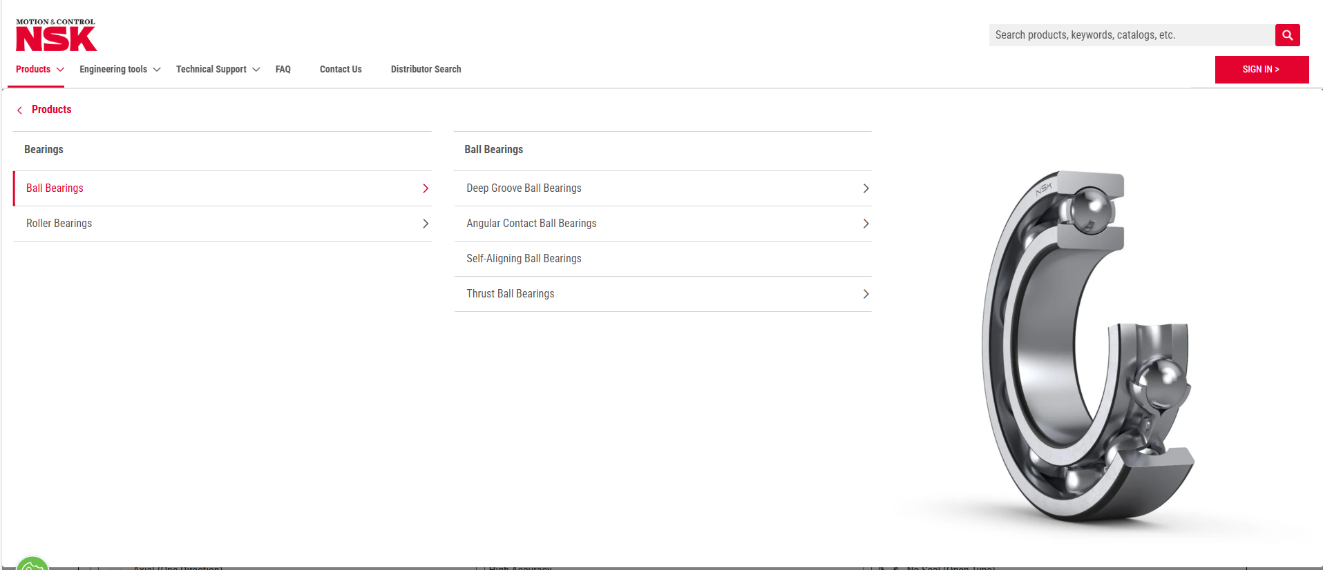 Screen for selecting from the product tree